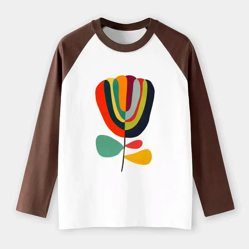 Kyoto-Lion Colorful Flower Minimalist Print Raglan Long Sleeve T-shirt