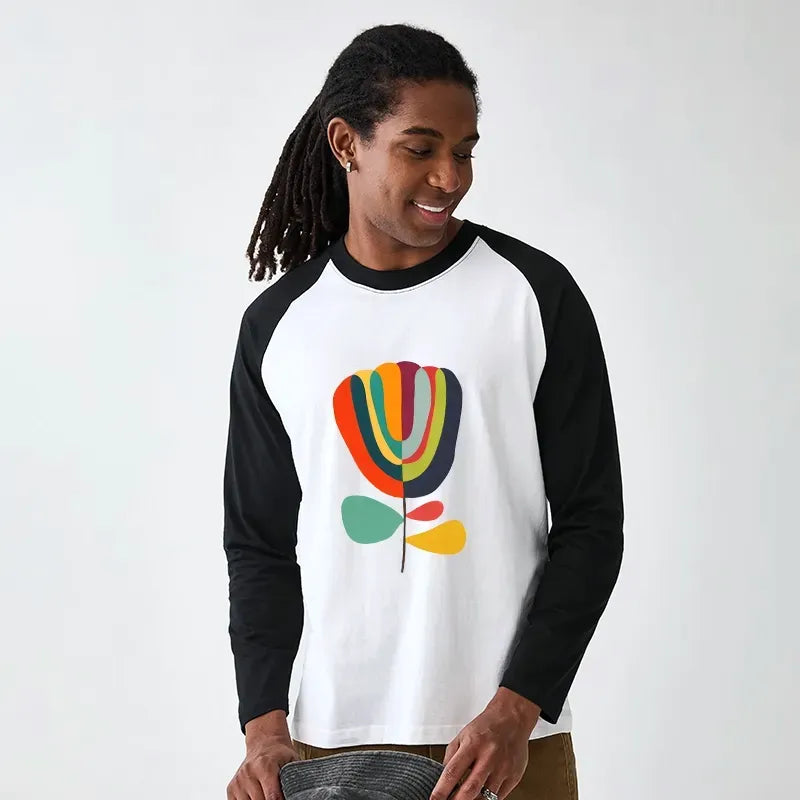 Colorful Flower Raglan Long Sleeve T-shirt for Daily Wear