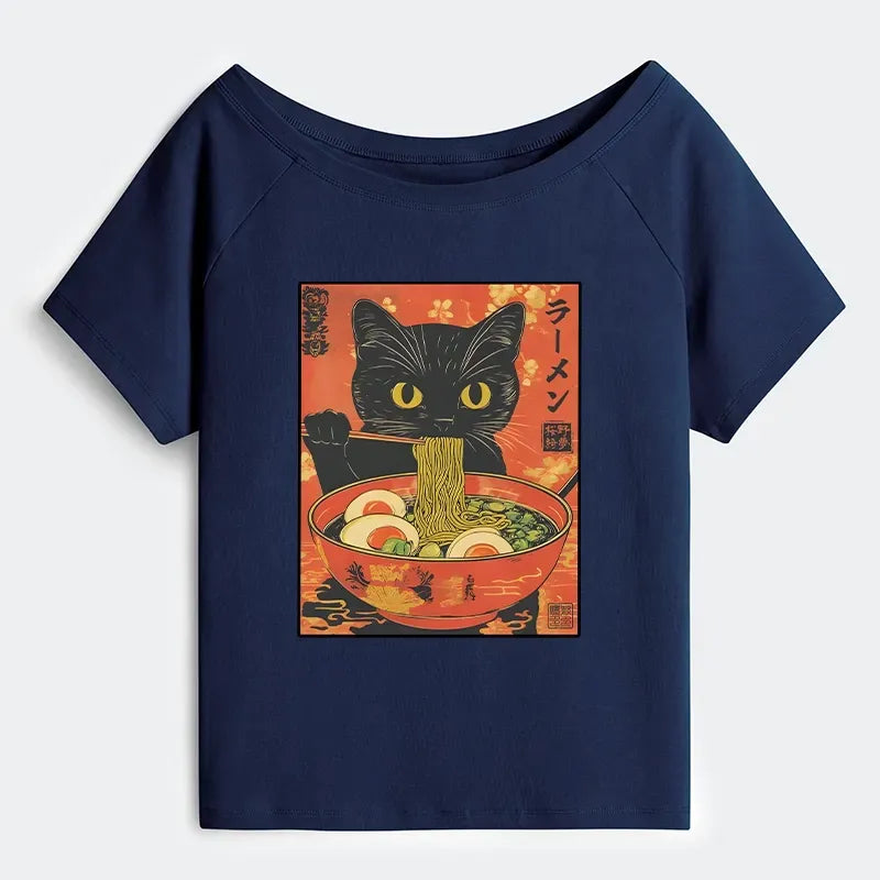 Black Cat Ramen Off Shoulder T-Shirt Gift Idea