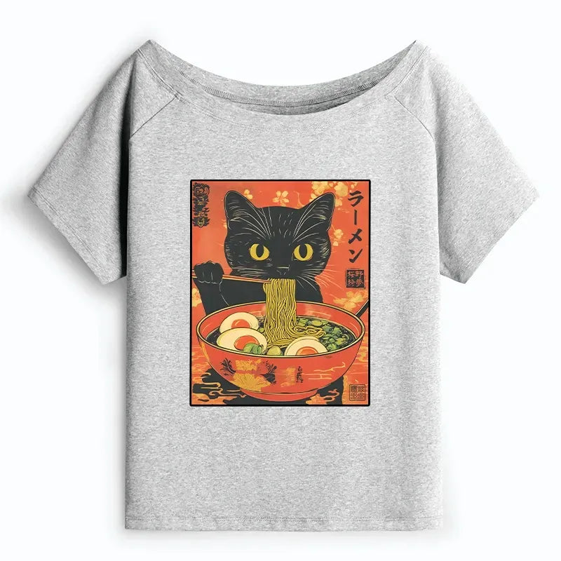 Kyoto-Lion Hungry Black Cat Loves Ramen Off Shoulder T-Shirt
