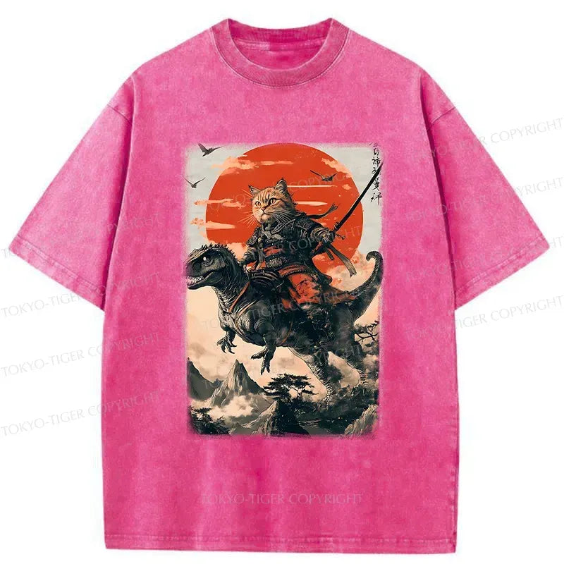 Japanese Cat Samurai Washed T-Shirt