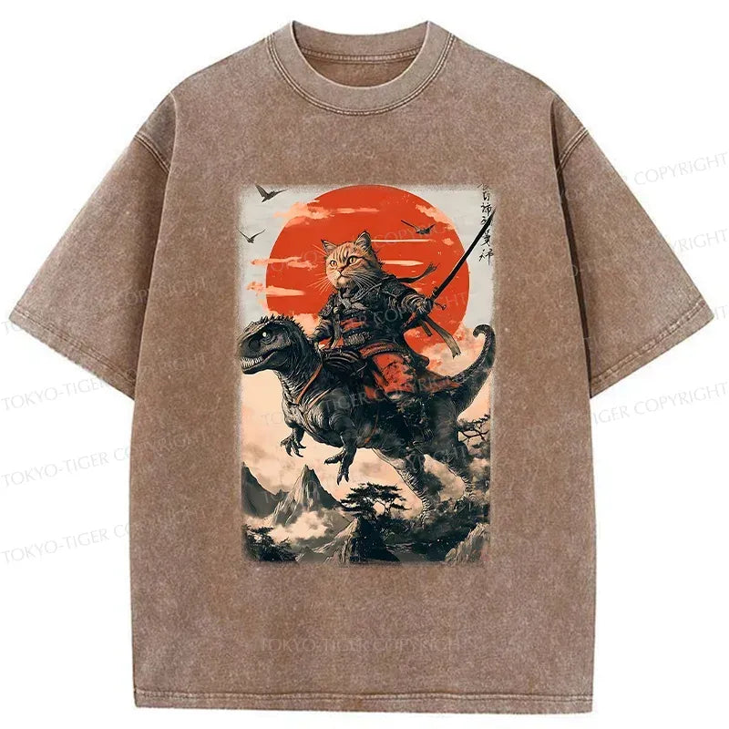 Japanese Cat Samurai Washed T-Shirt