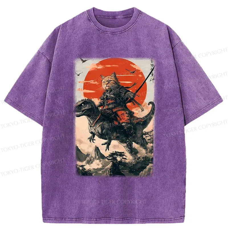 Kyoto-Lion Brave Cat Samurai Washed T-Shirt