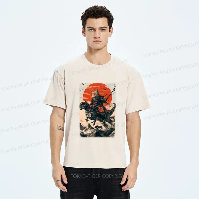Kyoto-Lion Brave Cat Samurai Washed T-Shirt
