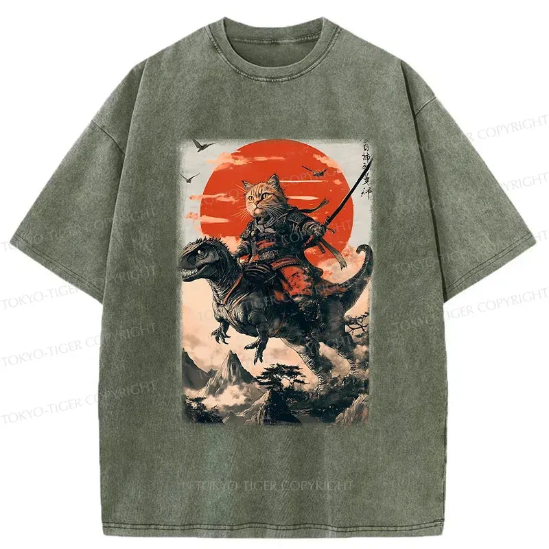 Japanese Cat Samurai Washed T-Shirt