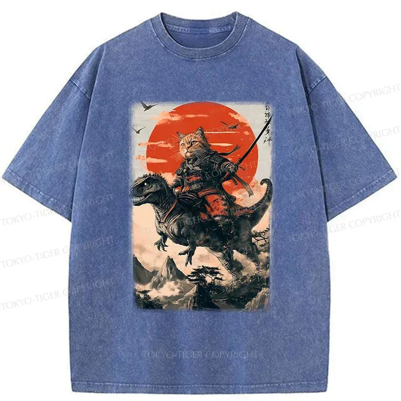Kyoto-Lion Brave Cat Samurai Washed T-Shirt