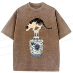 Kyoto-Lion Japan Naughty Cat Washed T-Shirt