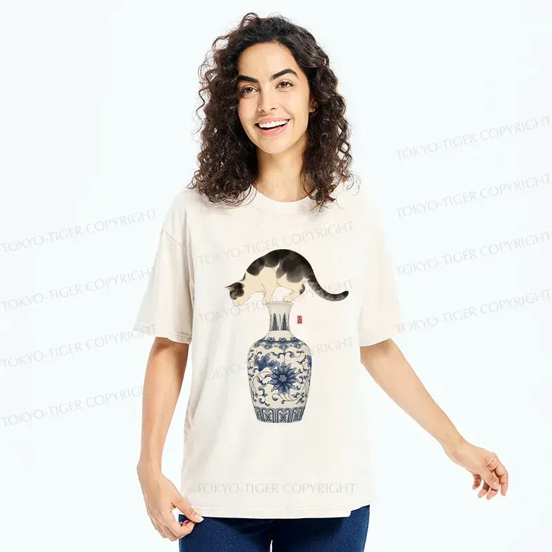 Japanese Naughty Cat Washed T-Shirt