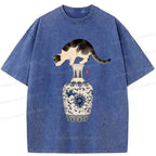 Japanese Naughty Cat Washed T-Shirt