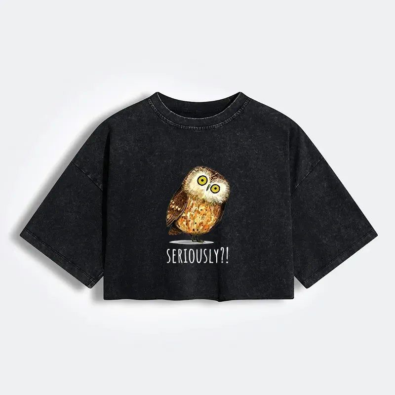 Kyoto-Lion Seriously Confused Owl Meme Art Women's Washed Crop T-Shirt