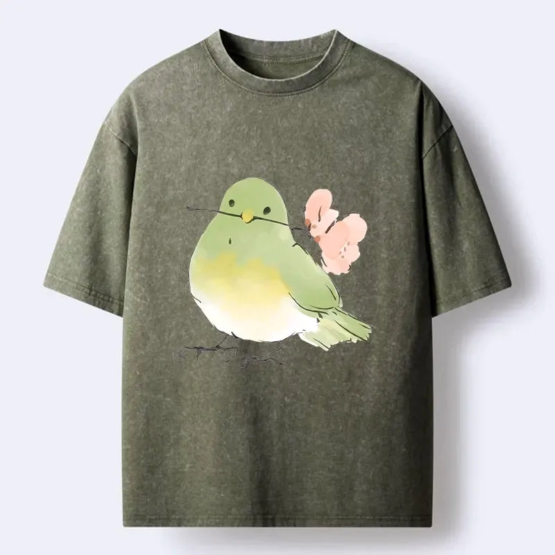 Kyoto-Lion Cute Tiny Green Bird Flower Branch Art Washed T-Shirt