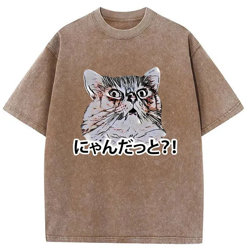 Kyoto-Lion Angry Japanese Cat Washed T-Shirt