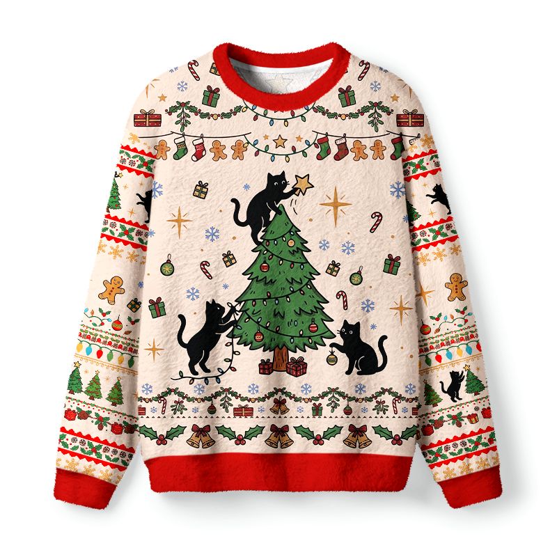 Kyoto-Lion Black Cat Decorating Tree Fuzzy Christmas Ugly Sweatshirt
