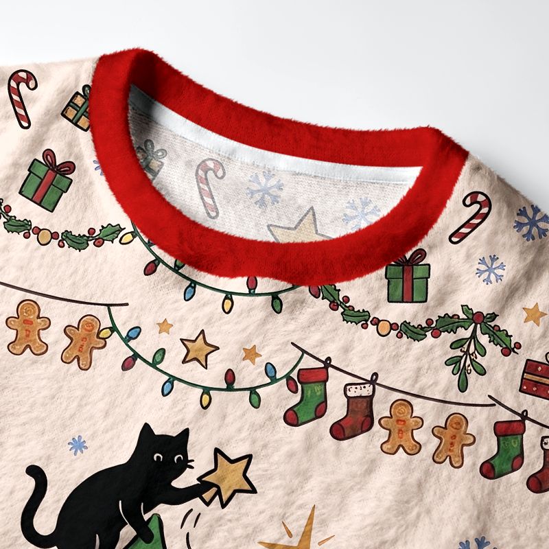 Kyoto-Lion Black Cat Decorating Tree Fuzzy Christmas Ugly Sweatshirt