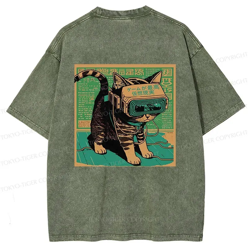 Kyoto-Lion Cyberpunk Sci-Fi Cat Back Washed T-Shirt