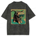 Kyoto-Lion Cyberpunk Sci-Fi Cat Back Washed T-Shirt