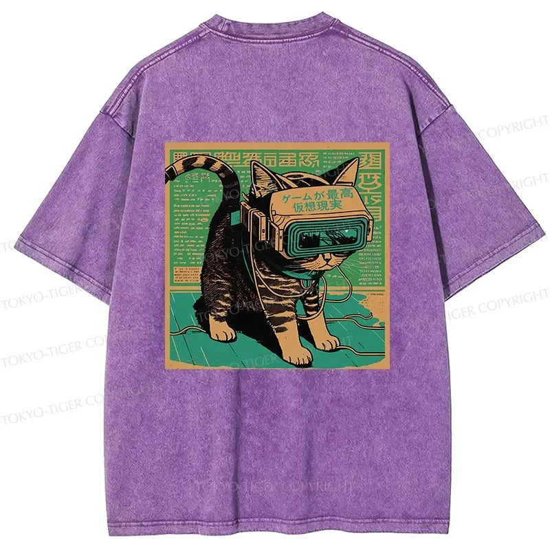 Cyberpunk Cat Washed T-Shirt Gift Idea