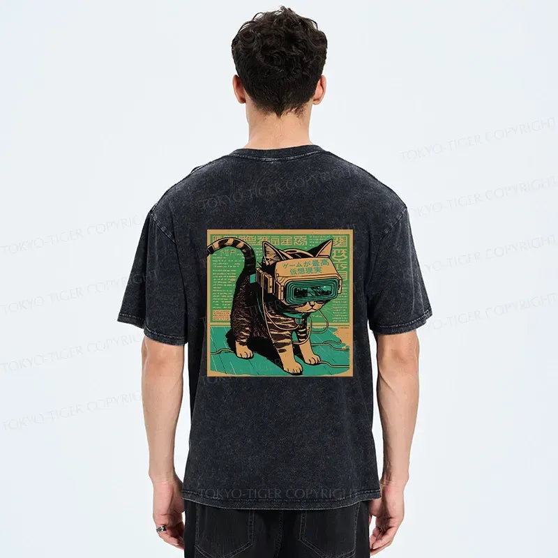 Kyoto-Lion Cyberpunk Sci-Fi Cat Back Washed T-Shirt