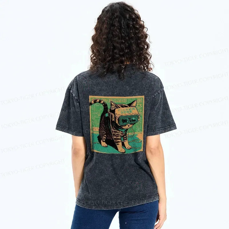 Kyoto-Lion Cyberpunk Sci-Fi Cat Back Washed T-Shirt