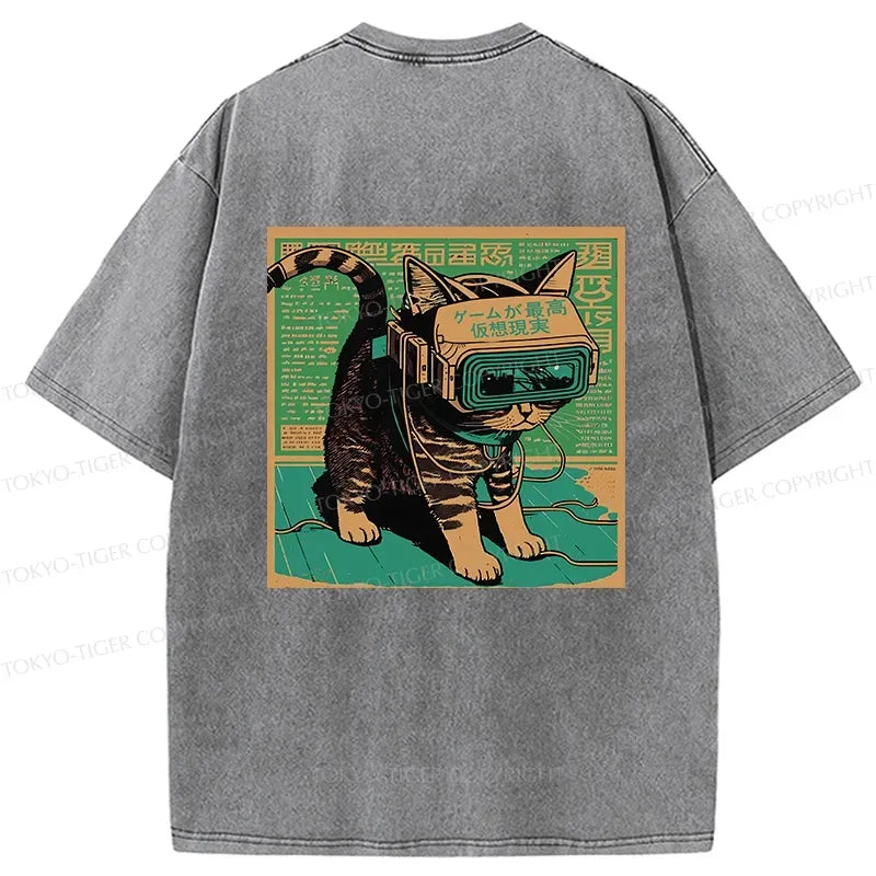 Cyberpunk Cat Washed T-Shirt Gift Idea