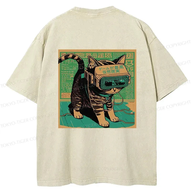 Kyoto-Lion Cyberpunk Sci-Fi Cat Back Washed T-Shirt
