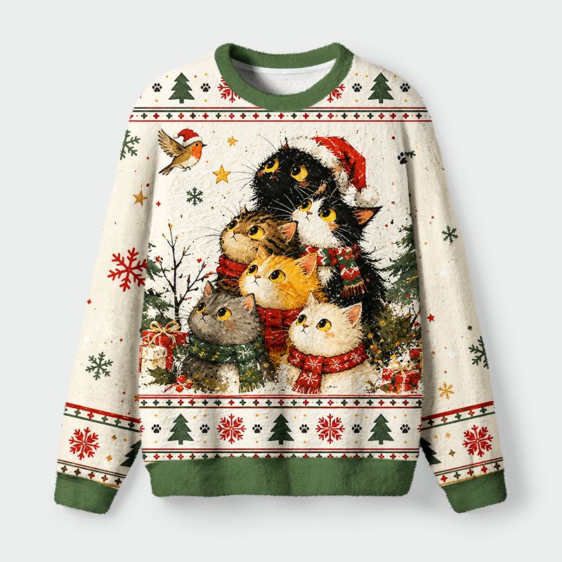 Kyoto-Lion Winter Cat Friends Fuzzy Christmas Ugly Sweatshirt
