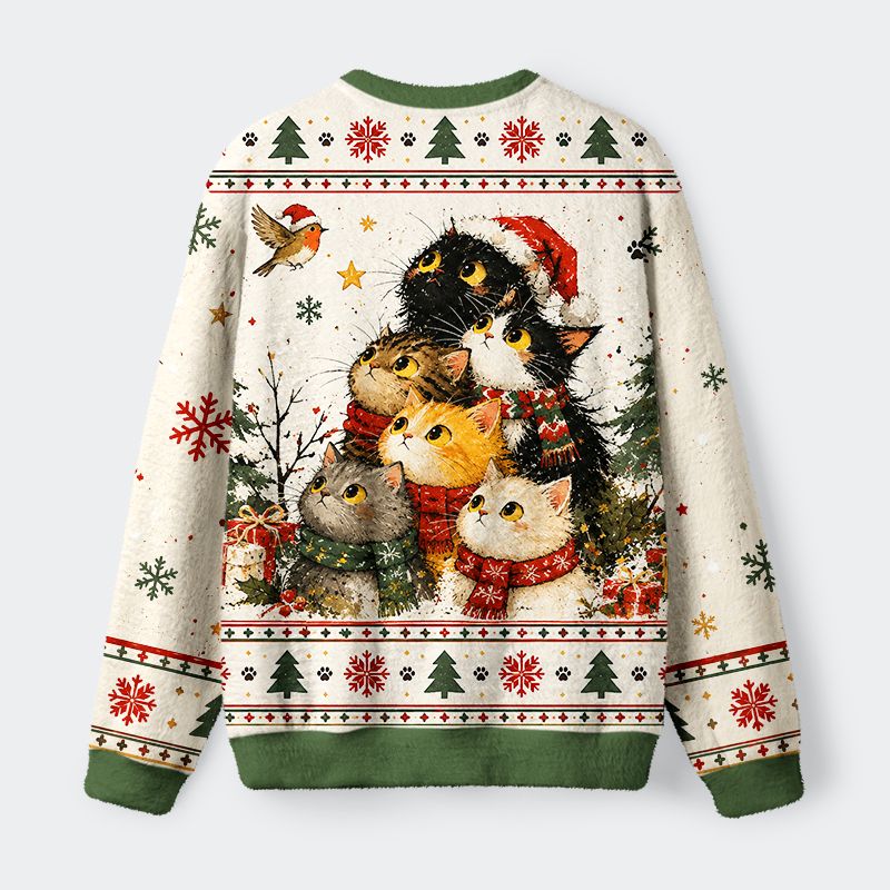 Kyoto-Lion Winter Cat Friends Fuzzy Christmas Ugly Sweatshirt