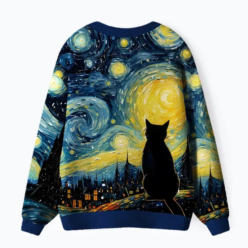 Kyoto-Lion Black Cat Under The Stars Ugly Cardigan Sweater