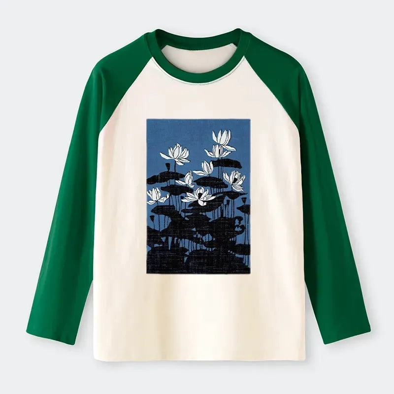 Kyoto-Lion Blue Lotus Japanese Art Raglan Long Sleeve T-shirt