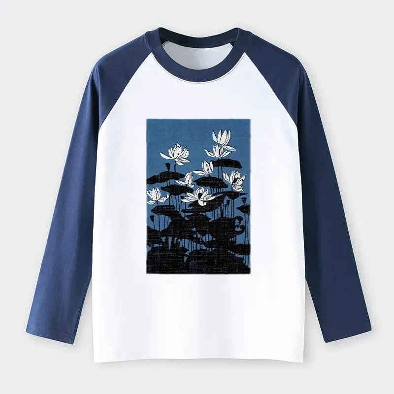 Kyoto-Lion Blue Lotus Japanese Art Raglan Long Sleeve T-shirt