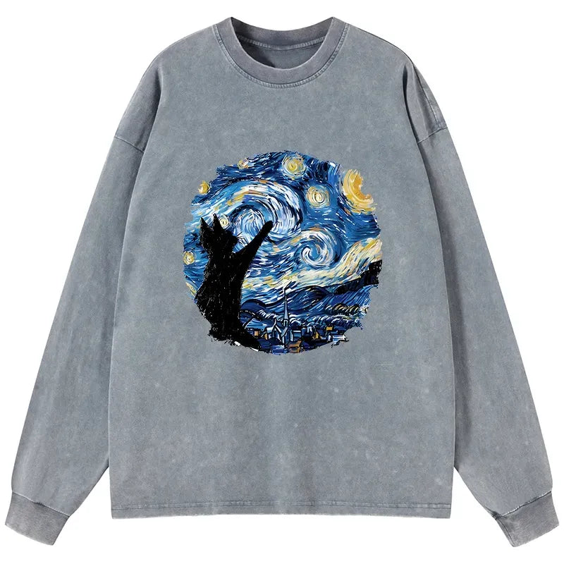 Kyoto-Lion Starry Night Black Cat Washed Long Sleeve T-Shirt
