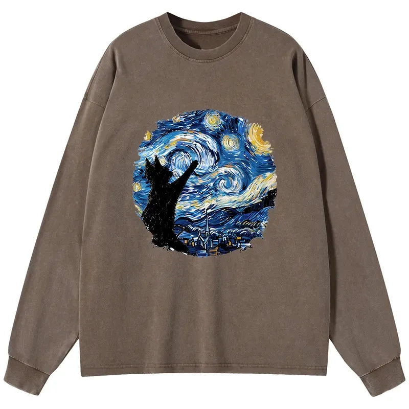 Kyoto-Lion Starry Night Black Cat Washed Long Sleeve T-Shirt