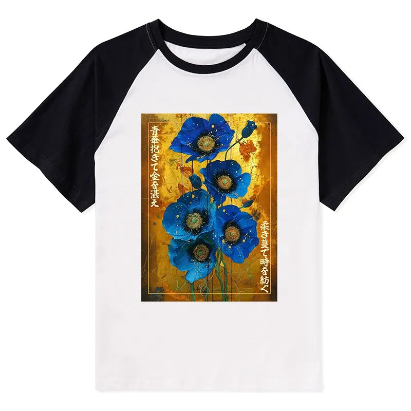 Kyoto-Lion Shiny Blue Flower Warm Golden Background Raglan T-shirt