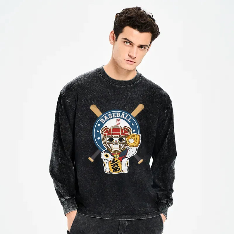 Kyoto-Lion Janpaese Baseball Cat Washed Long Sleeve T-Shirt
