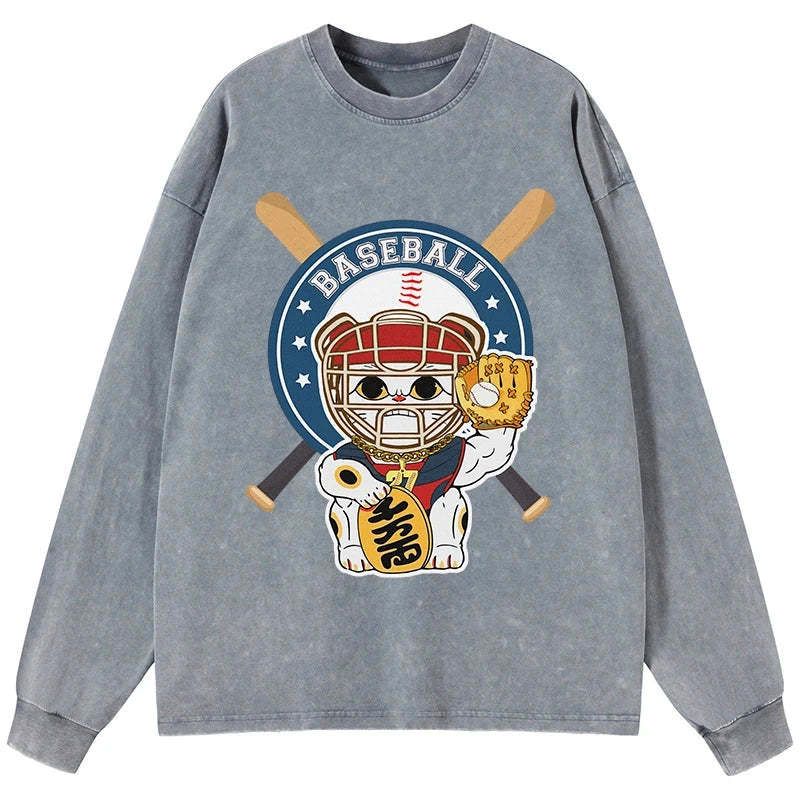 Kyoto-Lion Janpaese Baseball Cat Washed Long Sleeve T-Shirt