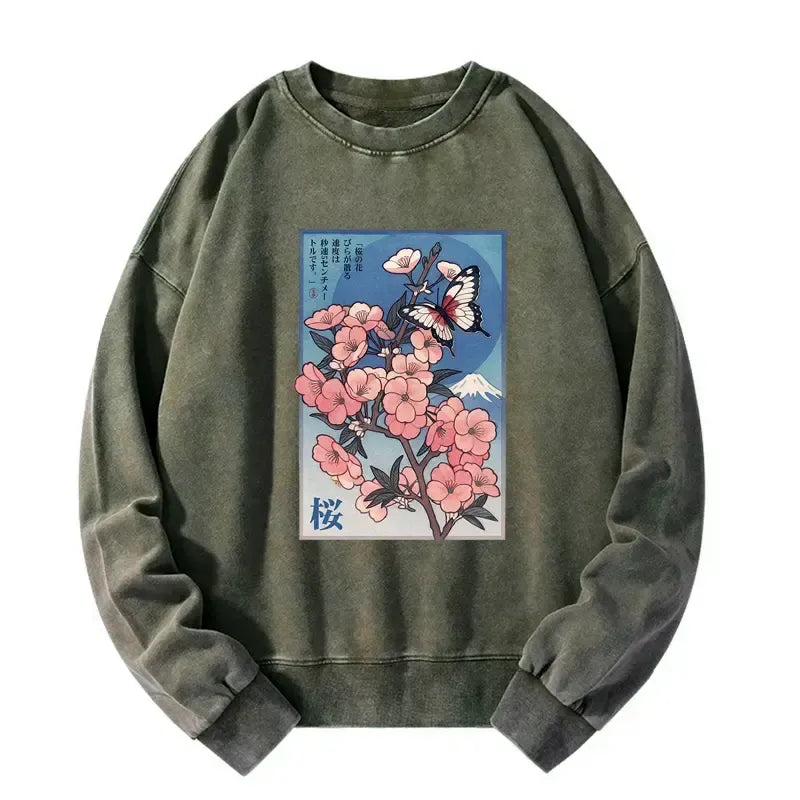 Japanese Ukiyoe Cherry Blossoms Washed Sweatshirt