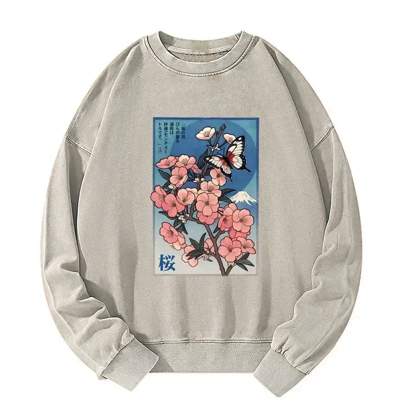 Japanese Ukiyoe Cherry Blossoms Washed Sweatshirt