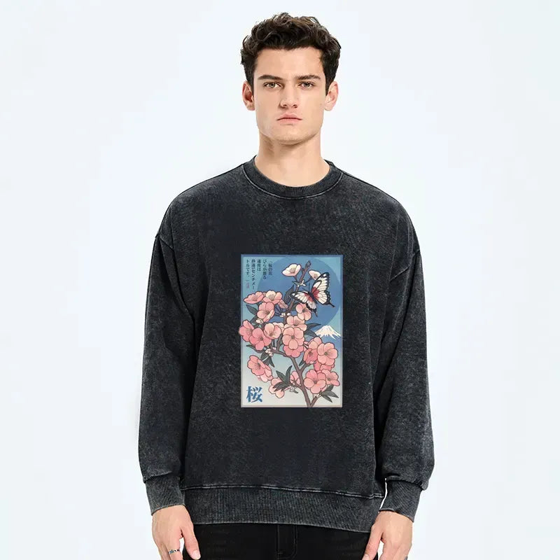 Kyoto-Lion Ukiyoe Japanese Cherry blossoms Poster Washed Sweatshirt