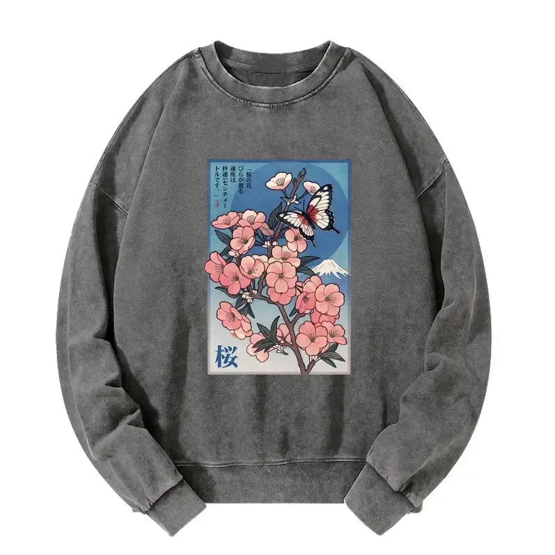 Kyoto-Lion Ukiyoe Japanese Cherry blossoms Poster Washed Sweatshirt