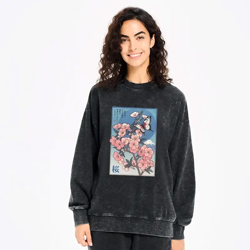 Japanese Ukiyoe Cherry Blossoms Washed Sweatshirt