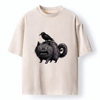 Kyoto-Lion Angry Black Cat With Crow On Its Back Washed T-Shirt