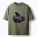 Kyoto-Lion Angry Black Cat With Crow On Its Back Washed T-Shirt