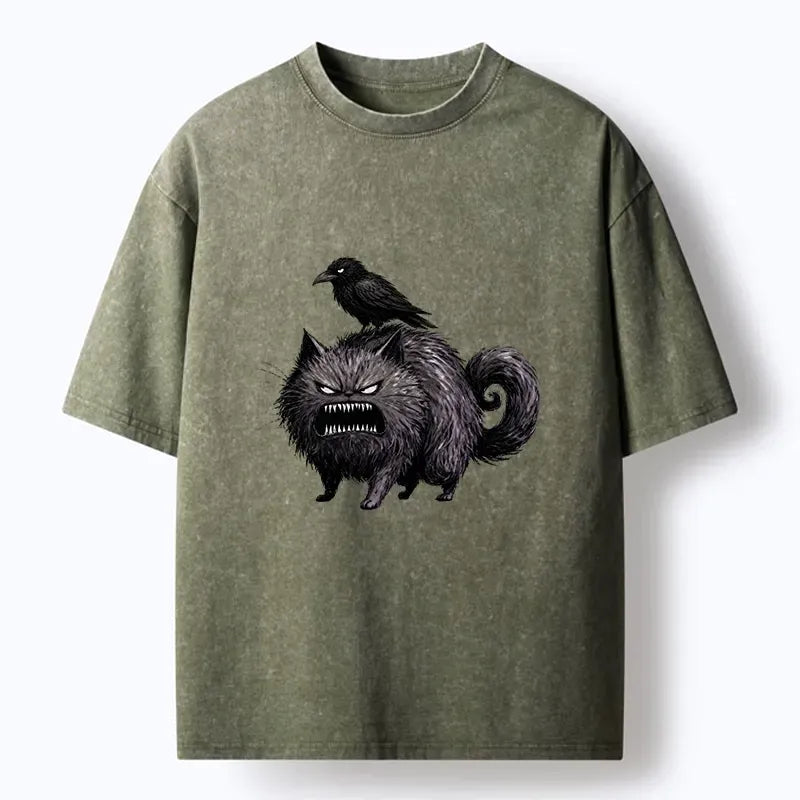 Kyoto-Lion Angry Black Cat With Crow On Its Back Washed T-Shirt