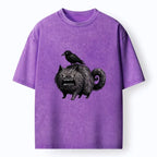 Kyoto-Lion Angry Black Cat With Crow On Its Back Washed T-Shirt