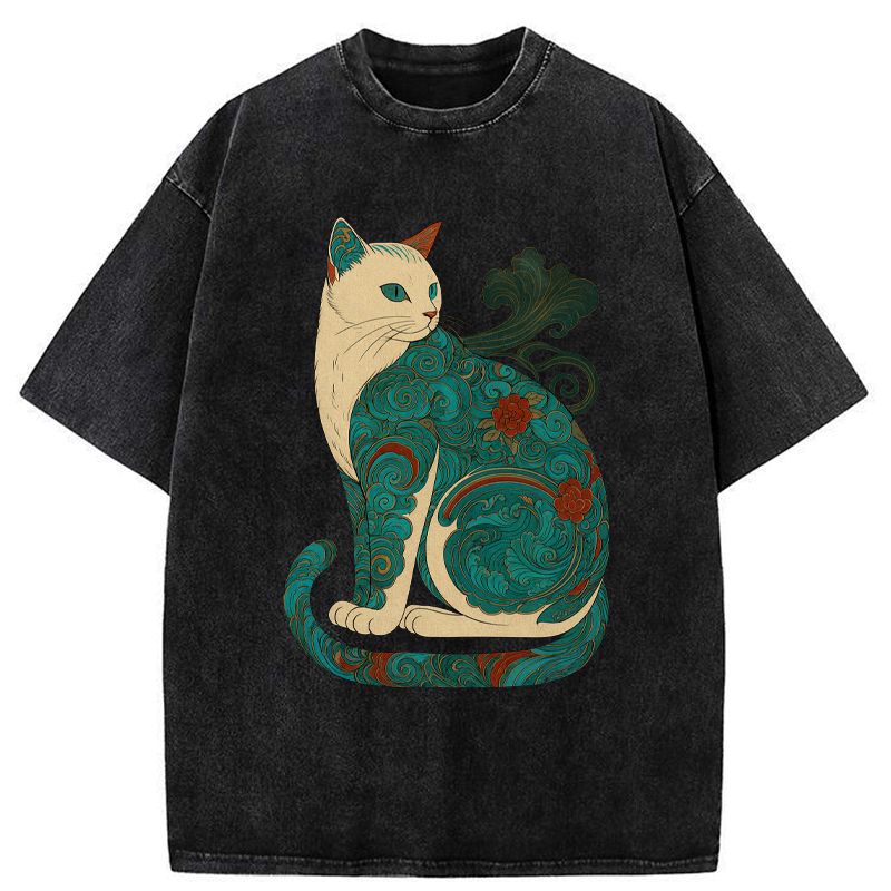 Kyoto-Lion Cat Of Clouds And Waves Washed T-Shirt