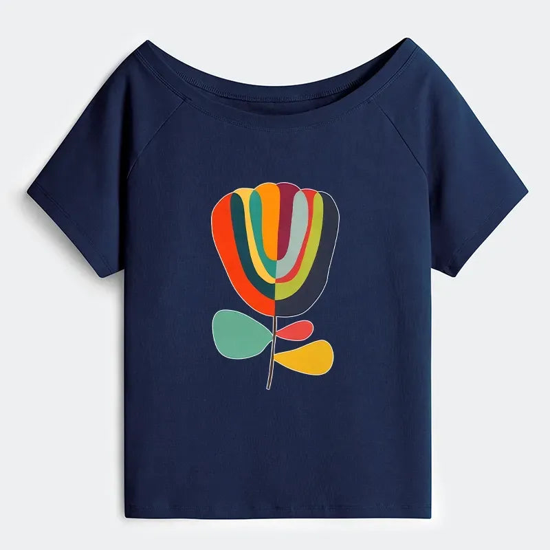 Kyoto-Lion Colorful Flower Minimalist Print Off Shoulder T-Shirt