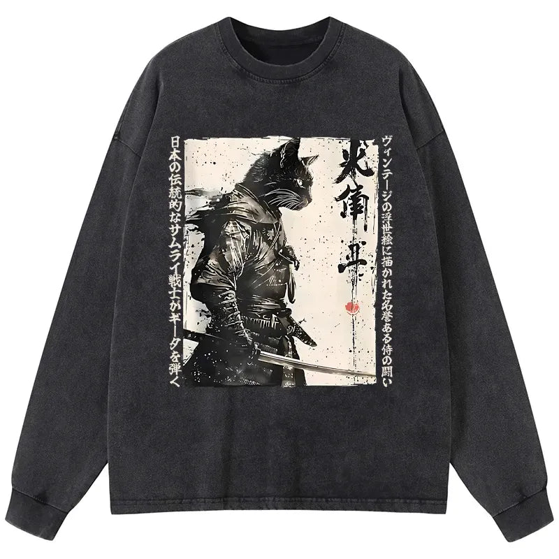 Kyoto-Lion Cat Samurai Retro Washed Long Sleeve T-Shirt