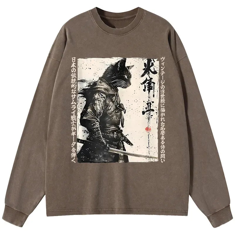 Kyoto-Lion Cat Samurai Retro Washed Long Sleeve T-Shirt