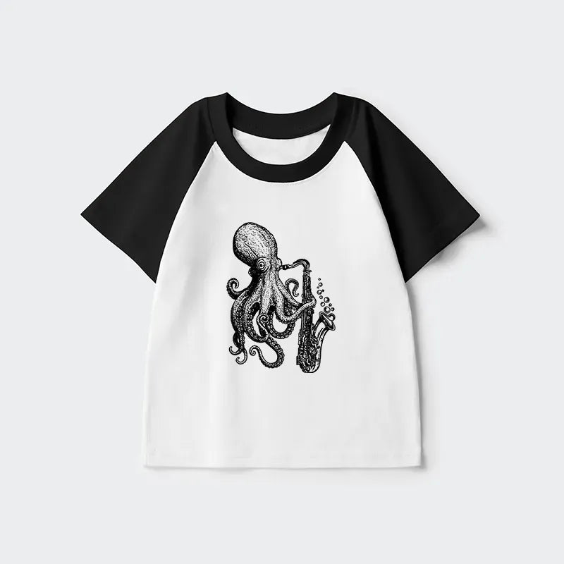 Cute Ukiyo-e Octopus Saxophone Shirt for Kids
