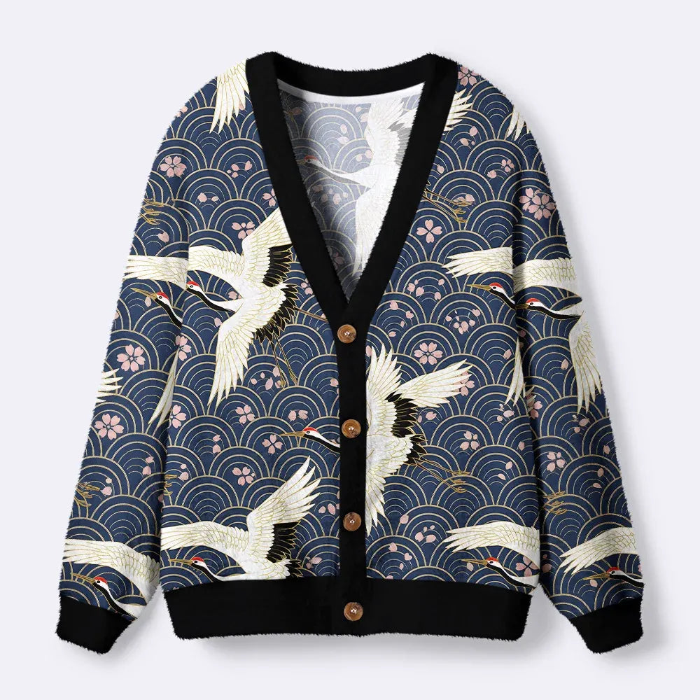 Kyoto-Lion White Crane Japan Ugly Cardigan Sweater